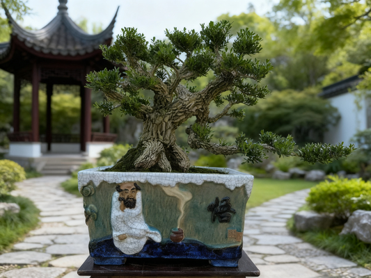 [雀舌黄杨]精品矮霸绿植 8cm 主杆 49cm 带盆高度 正版达摩手工石湾盆