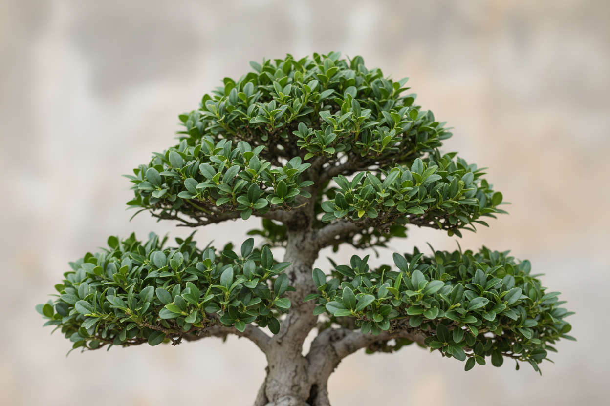 雀舌黄杨盆景特写，简约背景